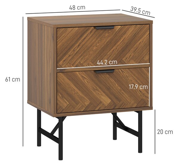HOMCOM Bedside Table Set of 2 with 2 Drawers, Modern Side Tables with Herringbone Pattern and Metal Legs for Bedroom, Living Room, Walnut Brown