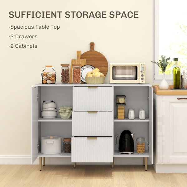 HOMCOM Sideboard Buffet Cabinet, Modern Kitchen Storage Cabinet with 3 Drawers and Adjustable Shelves for Hallway, White Aosom UK