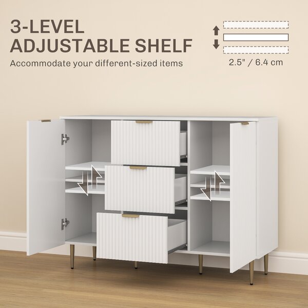 HOMCOM Sideboard Buffet Cabinet, Modern Kitchen Storage Cabinet with 3 Drawers and Adjustable Shelves for Hallway, White Aosom UK