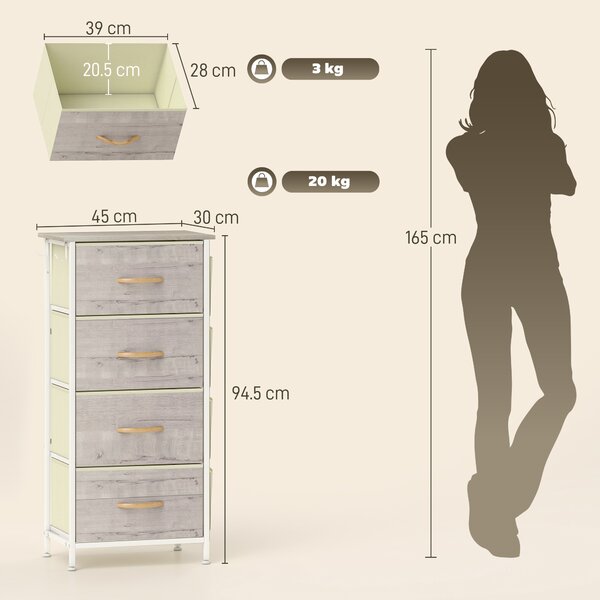 HOMCOM Chest of Four Fabric Drawers - Natural Wood Finish