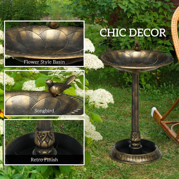 Outsunny 72cm Tall Antique Bird Bath for Garden, Vintage Style Birdbath with Bird Decoration and Flower Planter Base, Bronze Tone