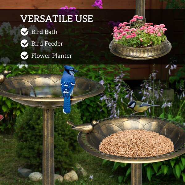 Outsunny 72cm Tall Antique Bird Bath for Garden, Vintage Style Birdbath with Bird Decoration and Flower Planter Base, Bronze Tone