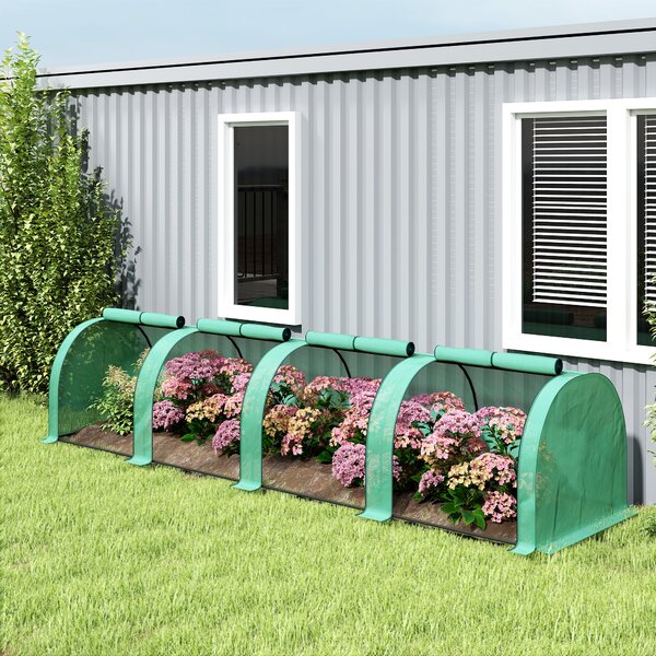 Outsunny Mini Greenhouse, Small Polytunnel Green House with Zipped Doors, Steel Frame for Garden, 395 x 100 x 80cm, Green