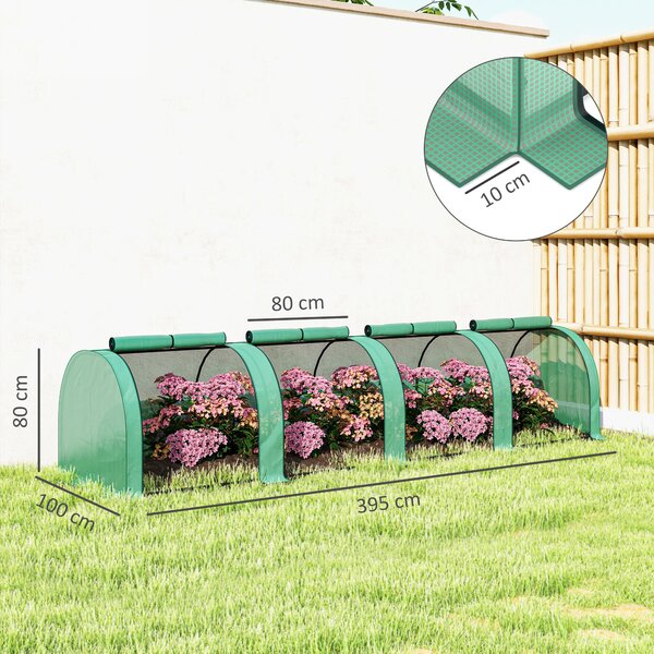 Outsunny Mini Greenhouse, Small Polytunnel Green House with Zipped Doors, Steel Frame for Garden, 395 x 100 x 80cm, Green