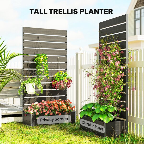 Outsunny Raised Bed for Garden, Planter with Trellis for Climbing Plants, Vines, Planter Box with Drainage Gap, Black Aosom UK