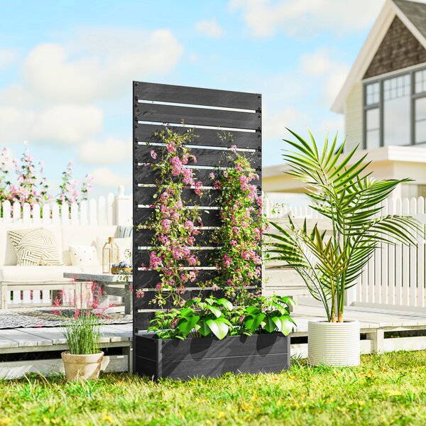 Outsunny Raised Bed for Garden, Planter with Trellis for Climbing Plants, Vines, Planter Box with Drainage Gap, Black Aosom UK