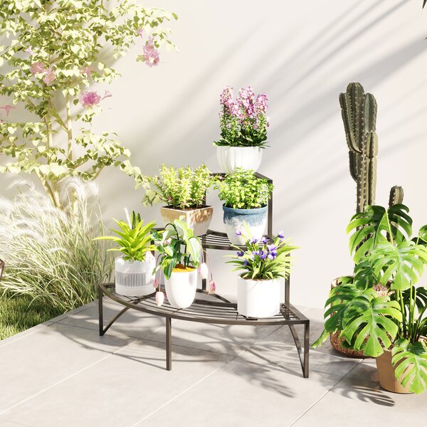 Outsunny 3 Tier Corner Plant Stand, Quarter Round Metal Plant Rack for Indoor Outdoor, Flower Pot Holder for Garden Balcony Patio, Black