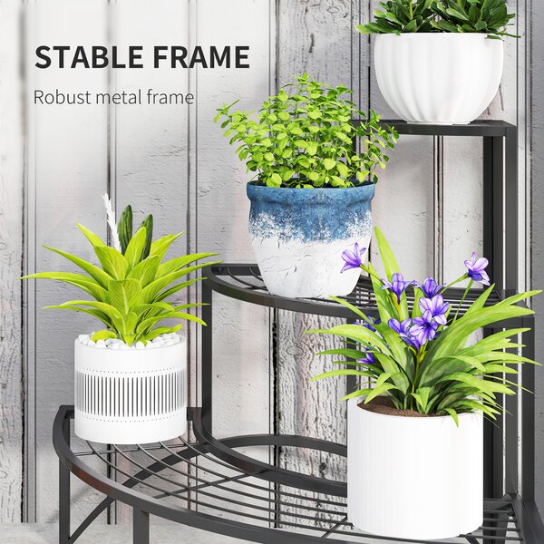 Outsunny 3 Tier Corner Plant Stand, Quarter Round Metal Plant Rack for Indoor Outdoor, Flower Pot Holder for Garden Balcony Patio, Black