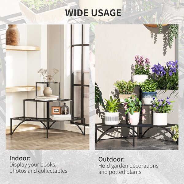 Outsunny 3 Tier Corner Plant Stand, Quarter Round Metal Plant Rack for Indoor Outdoor, Flower Pot Holder for Garden Balcony Patio, Black