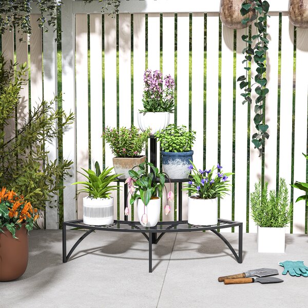 Outsunny 3 Tier Corner Plant Stand, Quarter Round Metal Plant Rack for Indoor Outdoor, Flower Pot Holder for Garden Balcony Patio, Black
