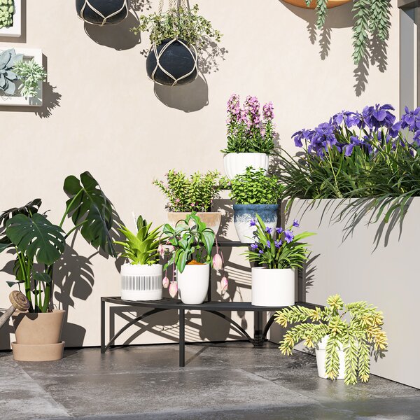 Outsunny 3 Tier Corner Plant Stand, Quarter Round Metal Plant Rack for Indoor Outdoor, Flower Pot Holder for Garden Balcony Patio, Black