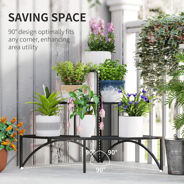 Outsunny 3 Tier Corner Plant Stand, Quarter Round Metal Plant Rack for Indoor Outdoor, Flower Pot Holder for Garden Balcony Patio, Black