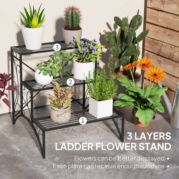 Outsunny 3-Tier Metal Plant Stand, Vintage Ladder Shelf Flower Pot Holder for Indoor Outdoor, Display Shelf Rack for Garden Patio Balcony, Black