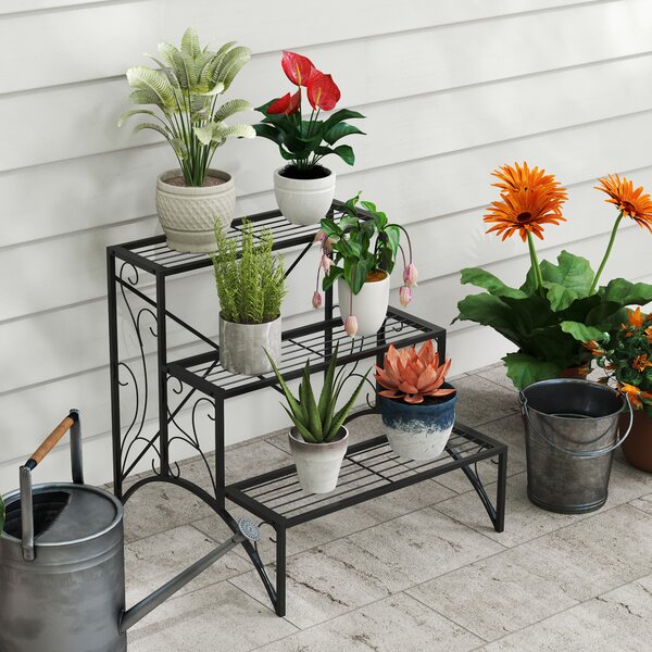 Outsunny 3-Tier Metal Plant Stand, Vintage Ladder Shelf Flower Pot Holder for Indoor Outdoor, Display Shelf Rack for Garden Patio Balcony, Black