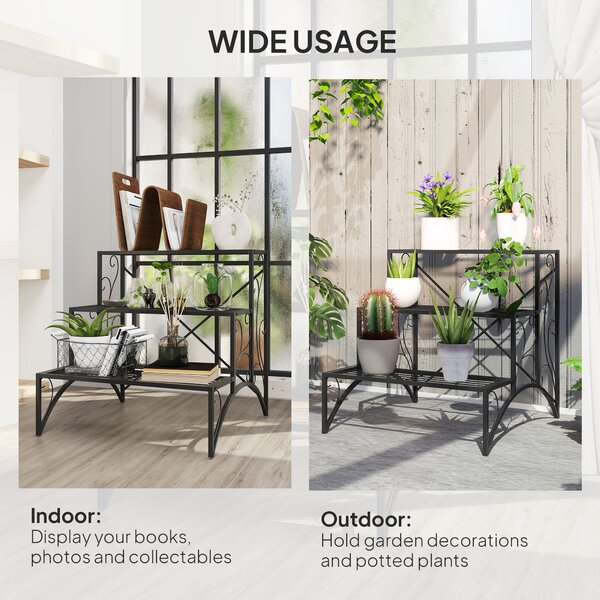 Outsunny 3-Tier Metal Plant Stand, Vintage Ladder Shelf Flower Pot Holder for Indoor Outdoor, Display Shelf Rack for Garden Patio Balcony, Black