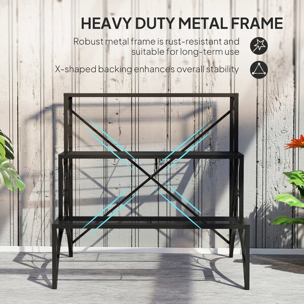 Outsunny 3-Tier Metal Plant Stand, Vintage Ladder Shelf Flower Pot Holder for Indoor Outdoor, Display Shelf Rack for Garden Patio Balcony, Black
