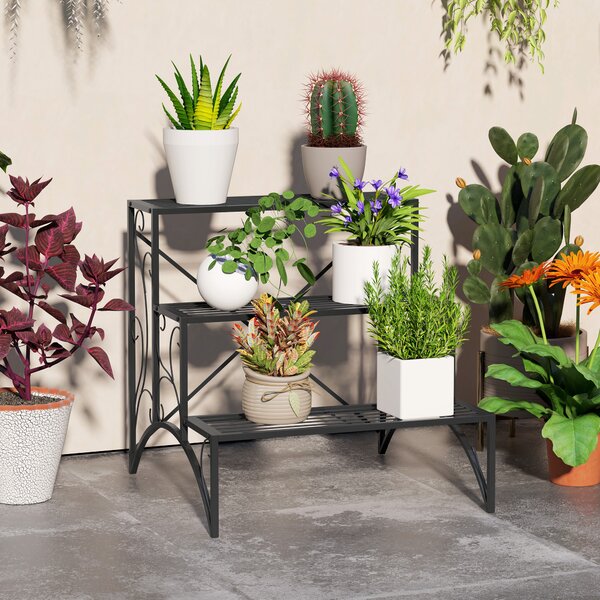 Outsunny 3-Tier Metal Plant Stand, Vintage Ladder Shelf Flower Pot Holder for Indoor Outdoor, Display Shelf Rack for Garden Patio Balcony, Black