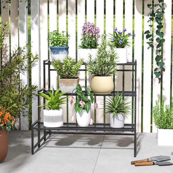 Outsunny 3-Tier Metal Plant Stand, Modern Ladder Shelf Flower Pot Holder for Indoor Outdoor, Display Shelf Rack for Garden Patio Balcony, Black