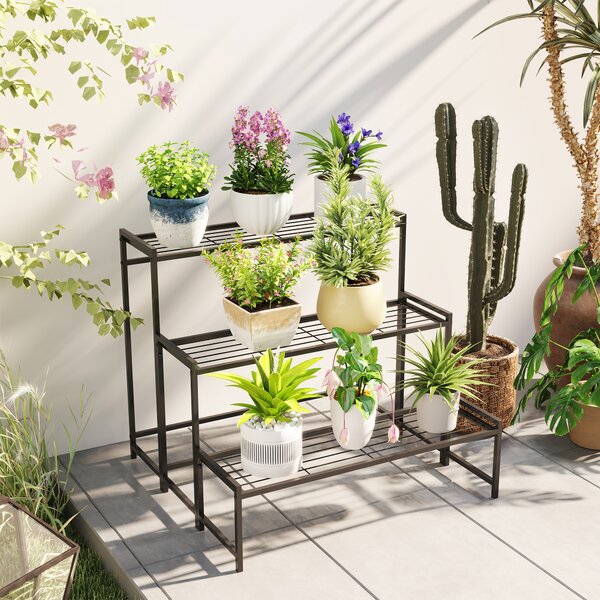 Outsunny 3-Tier Metal Plant Stand, Modern Ladder Shelf Flower Pot Holder for Indoor Outdoor, Display Shelf Rack for Garden Patio Balcony, Black