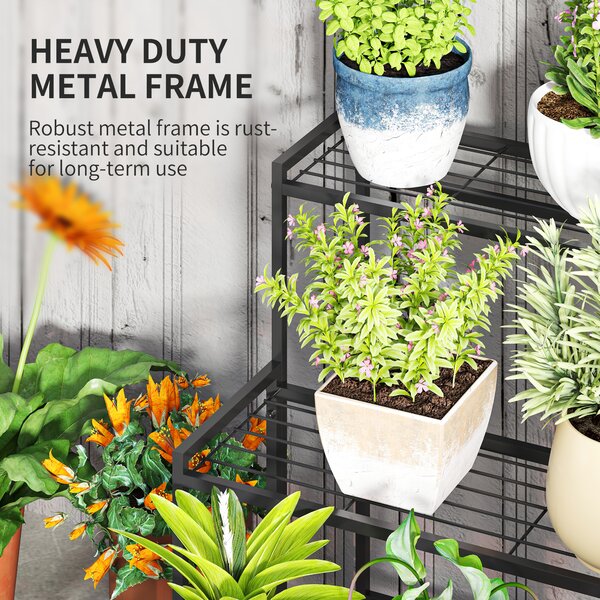 Outsunny 3-Tier Metal Plant Stand, Modern Ladder Shelf Flower Pot Holder for Indoor Outdoor, Display Shelf Rack for Garden Patio Balcony, Black