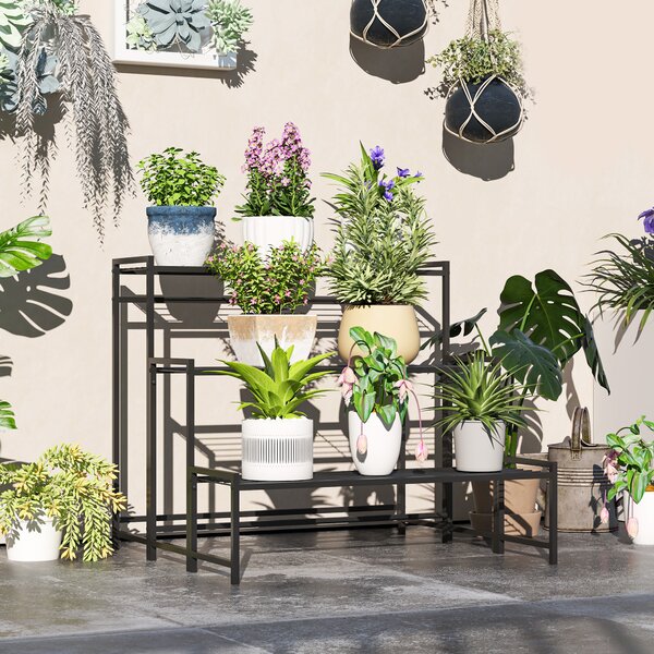 Outsunny 3-Tier Metal Plant Stand, Modern Ladder Shelf Flower Pot Holder for Indoor Outdoor, Display Shelf Rack for Garden Patio Balcony, Black