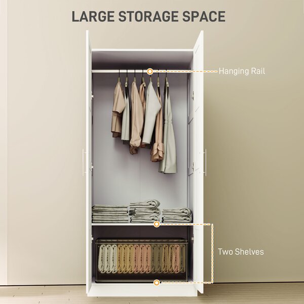 HOMCOM White Double Wardrobe 80cm Soft Close with Shelves and Hanging Space Sturdy Double Paneled Door Aosom UK
