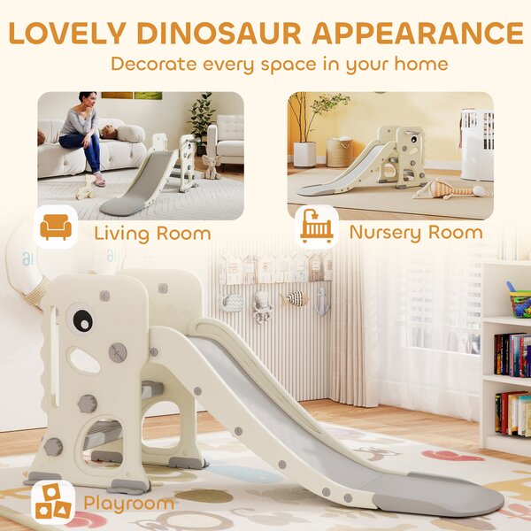 AIYAPLAY 3 in 1 Kids Slide with Climber, Basketball Hoop and Ball, Foldable Indoor Toddler Slide for Ages 2-5, Cream White
