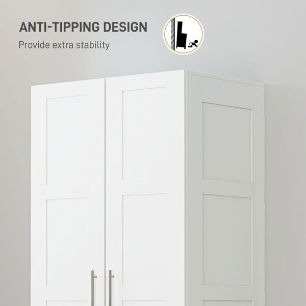 HOMCOM White Double Wardrobe 80cm Soft Close with Shelves and Hanging Space Sturdy Double Paneled Door Aosom UK