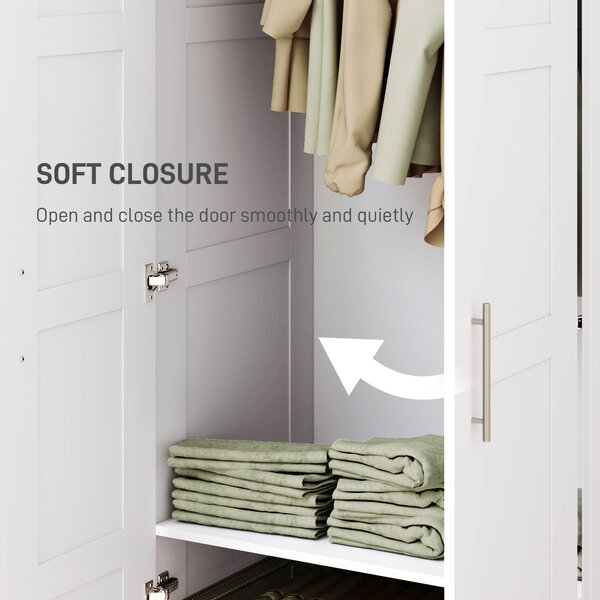 HOMCOM White Double Wardrobe 80cm Soft Close with Shelves and Hanging Space Sturdy Double Paneled Door Aosom UK