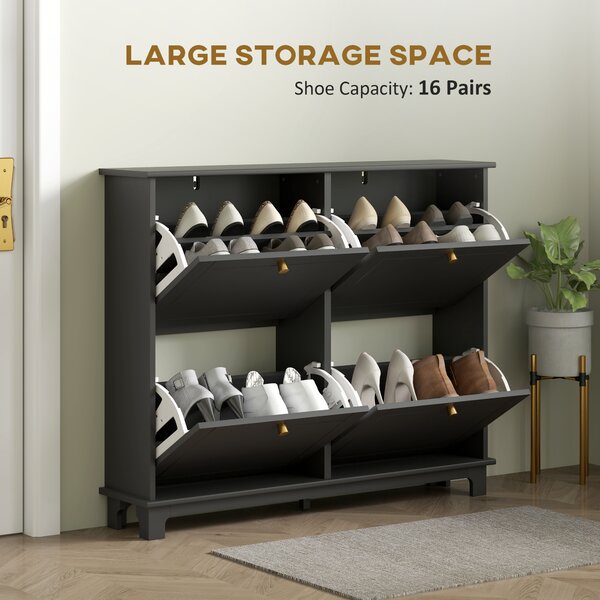 HOMCOM Narrow Shoe Storage Cabinet, Slim Shoe Cabinet with 4 Flip Drawers, Adjustable Shelves for 16 Pairs of Shoes, Black