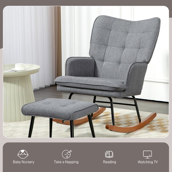 HOMCOM Linen-Look Rocking Chair and Ottoman Set - Grey Aosom UK