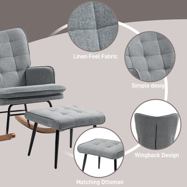 HOMCOM Linen-Look Rocking Chair and Ottoman Set - Grey Aosom UK