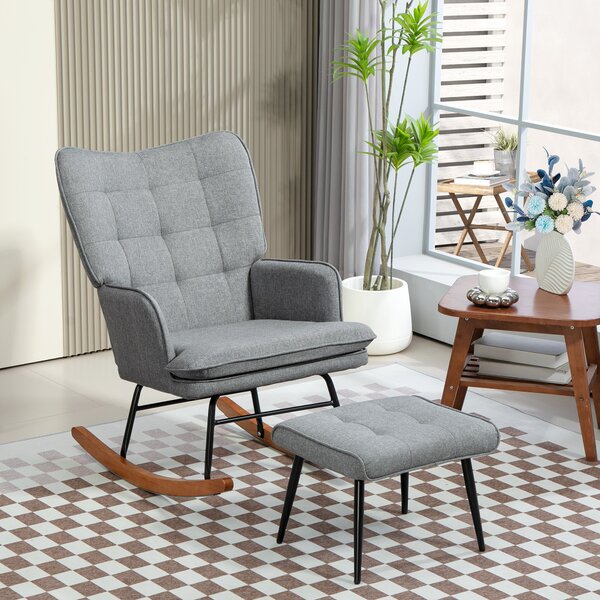 HOMCOM Linen-Look Rocking Chair and Ottoman Set - Grey Aosom UK