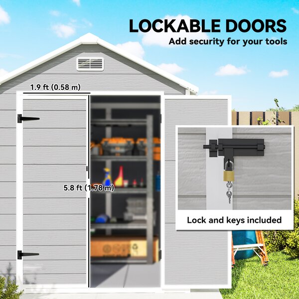 Outsunny 6 x 5ft Outdoor Shed with Lockable Doors, Air Vents & Floor, Wood Effect Resin Tool Shed for Storage, Light Grey Aosom UK