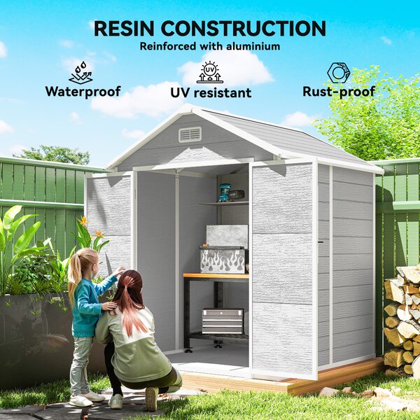 Outsunny 6 x 5ft Outdoor Shed with Lockable Doors, Air Vents & Floor, Wood Effect Resin Tool Shed for Storage, Light Grey Aosom UK