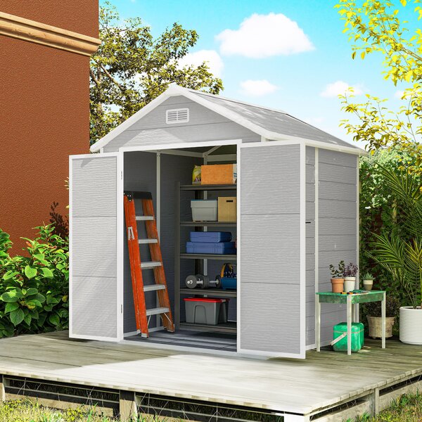 Outsunny 6 x 5ft Outdoor Shed with Lockable Doors, Air Vents & Floor, Wood Effect Resin Tool Shed for Storage, Light Grey Aosom UK