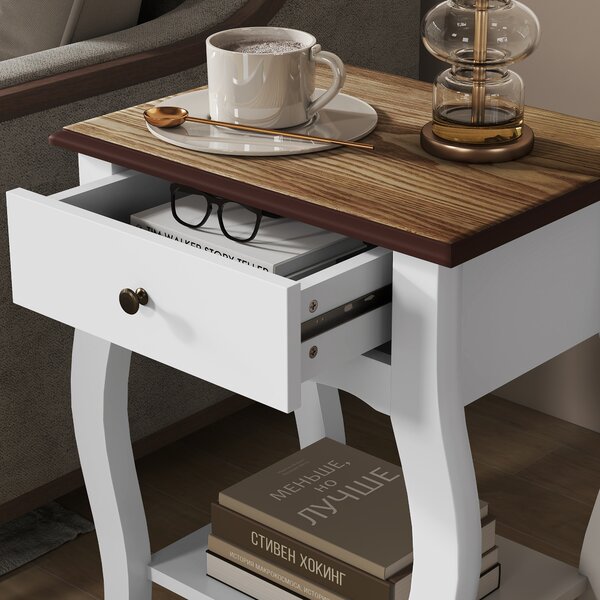 HOMCOM 2pcs Bedside Tables with Drawer, French Style Bedside Cabinets with Open Shelf for Bedroom, Living Room, White
