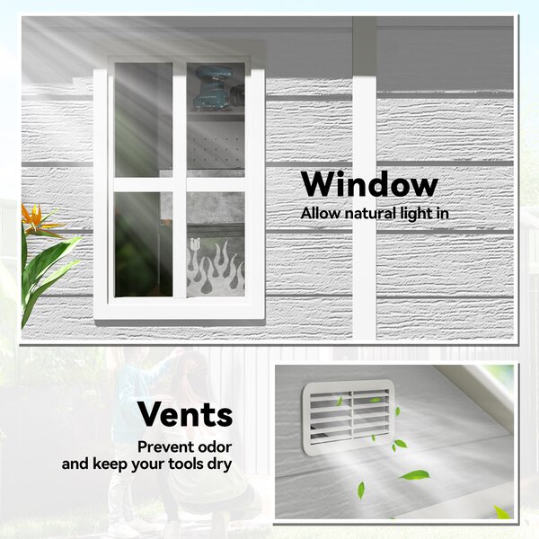 Outsunny 6 x 5ft Outdoor Shed with Lockable Doors, Air Vents & Floor, Wood Effect Resin Tool Shed for Storage, Light Grey Aosom UK