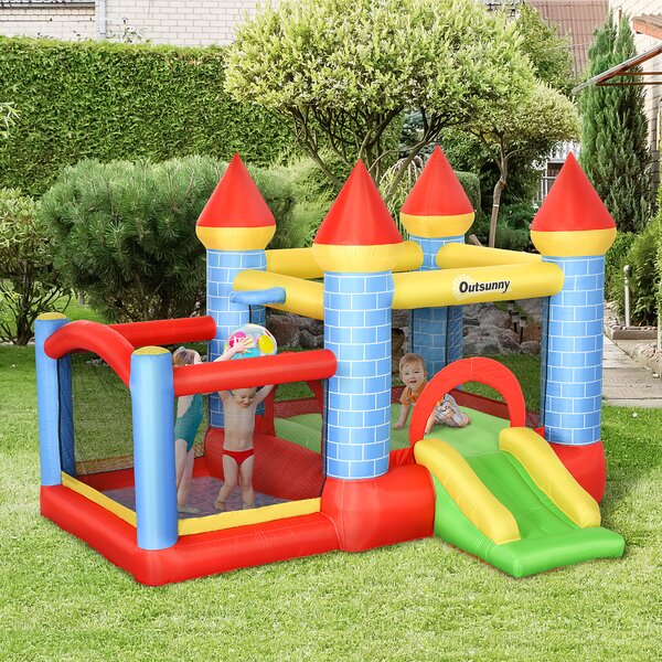Outsunny Kids Bounce Castle House Inflatable Trampoline Slide Water Pool Basket 4 in 1 with Inflator for Kids Age 3-10 Castle Design 3 x 2.75 x 2.1m