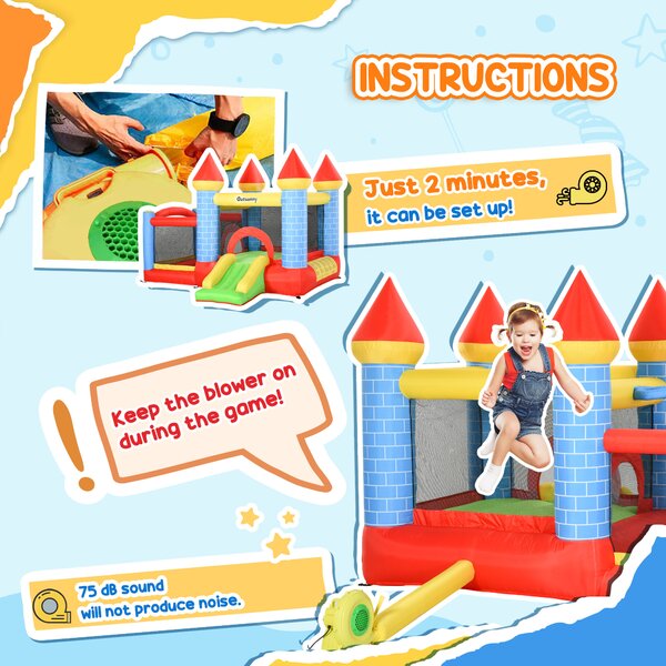 Outsunny Kids Bounce Castle House Inflatable Trampoline Slide Water Pool Basket 4 in 1 with Inflator for Kids Age 3-10 Castle Design 3 x 2.75 x 2.1m