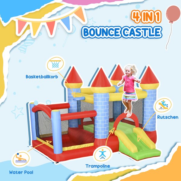 Outsunny Kids Bounce Castle House Inflatable Trampoline Slide Water Pool Basket 4 in 1 with Inflator for Kids Age 3-10 Castle Design 3 x 2.75 x 2.1m