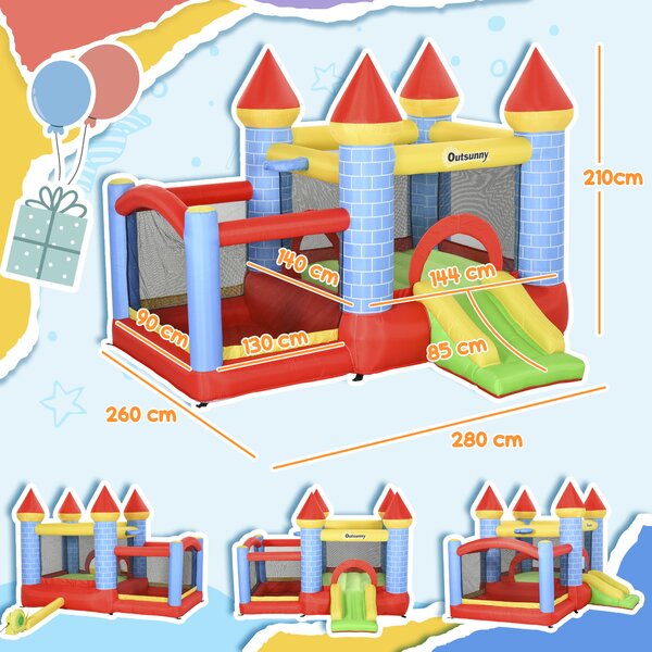 Outsunny Kids Bounce Castle House Inflatable Trampoline Slide Water Pool Basket 4 in 1 with Inflator for Kids Age 3-10 Castle Design 3 x 2.75 x 2.1m