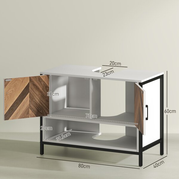 HOMCOM Under Sink Bathroom Cabinet, Rustic Under Sink Cabinet with Herringbone Doors and Open Compartment, 80 x 40 x 60cm, Cream White