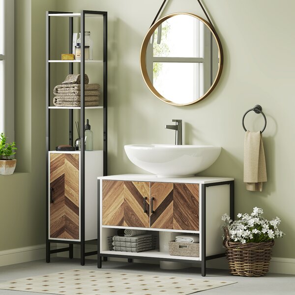 HOMCOM Under Sink Bathroom Cabinet, Rustic Under Sink Cabinet with Herringbone Doors and Open Compartment, 80 x 40 x 60cm, Cream White