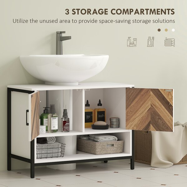 HOMCOM Under Sink Bathroom Cabinet, Rustic Under Sink Cabinet with Herringbone Doors and Open Compartment, 80 x 40 x 60cm, Cream White
