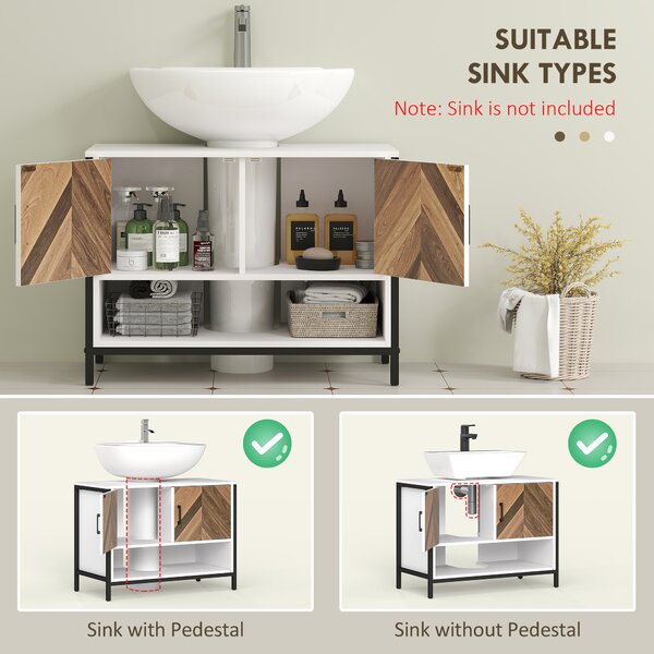 HOMCOM Under Sink Bathroom Cabinet, Rustic Under Sink Cabinet with Herringbone Doors and Open Compartment, 80 x 40 x 60cm, Cream White