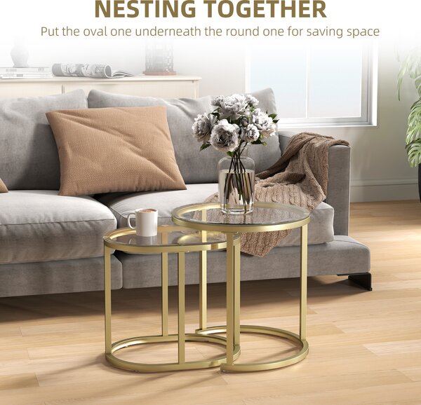 HOMCOM Modern Coffee Table Set of 2, Nest of Tables with Steel Frame and Tempered Glass Tabletop, Side Tables for Living Room Bedroom, Clear