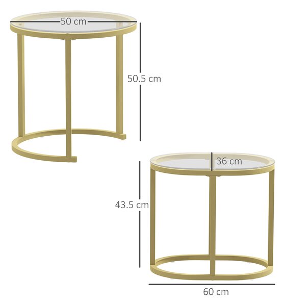HOMCOM Modern Coffee Table Set of 2, Nest of Tables with Steel Frame and Tempered Glass Tabletop, Side Tables for Living Room Bedroom, Clear
