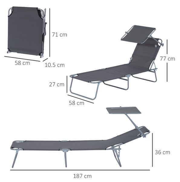 Outsunny Reclining Chair Sun Lounger Folding Lounger Seat with Sun Shade Awning Beach Garden Outdoor Patio Recliner Adjustable (Grey)
