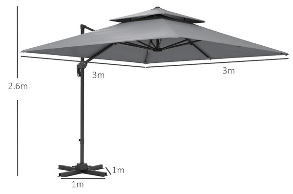 Outsunny 3 x 3(m) Cantilever Parasol with Aluminium Frame, Crank and Tilt, 360° Rotation, Double Top Garden Umbrella with Base and Cover, Light Grey